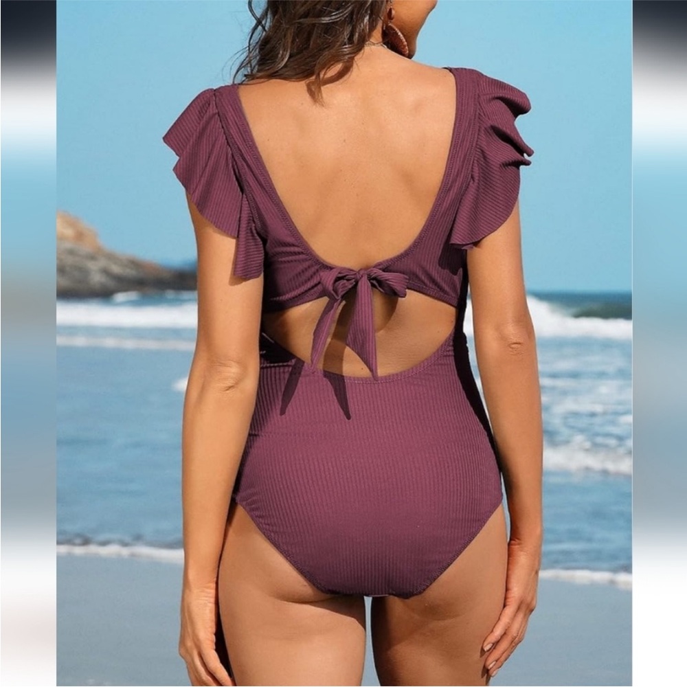 Maternity Ribbed Ruffle Sleeve Swimsuit - Picture 2 of 5